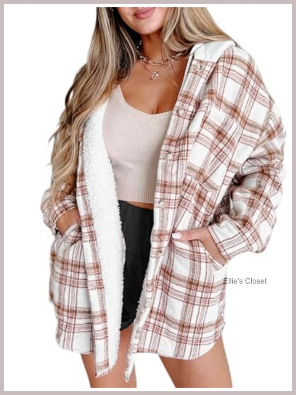 Women's Sherpa Plaid Shacket Jacket Fleece Lined Hooded Long Sleeve